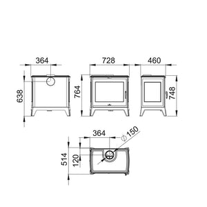 Bronpi - Bury 14 - 14.6kW Side Glass Freestanding Wood Stove dimensions