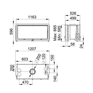 Bronpi - Cairo 110D - 15kW Wood Burning Inset Stove dimensions