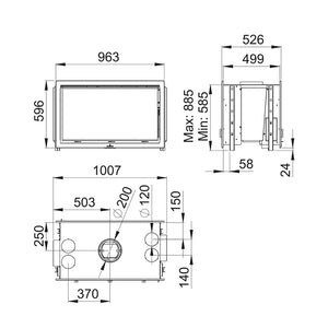 Bronpi - Cairo 90D - 13kW Wood Burning Inset Stove dimensions