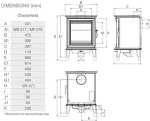 Chesterfield 5 Stove Dimensions in mm