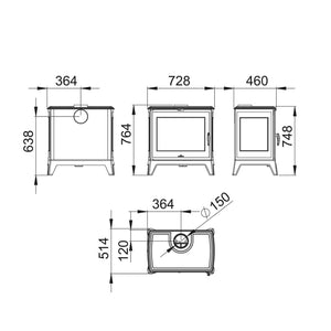 Bronpi - Derby 14 - 14.3kW Side Door Freestanding Wood Stove dimensions