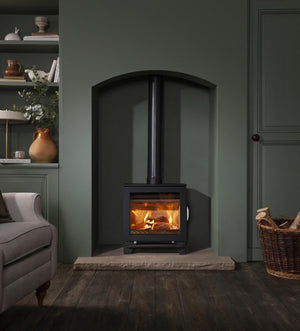 Henley Elmwood Eco Stove on hearth in green room