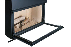 Fondis Ulys 1100XXL black inset stove with glass door opened and flameless logs inside