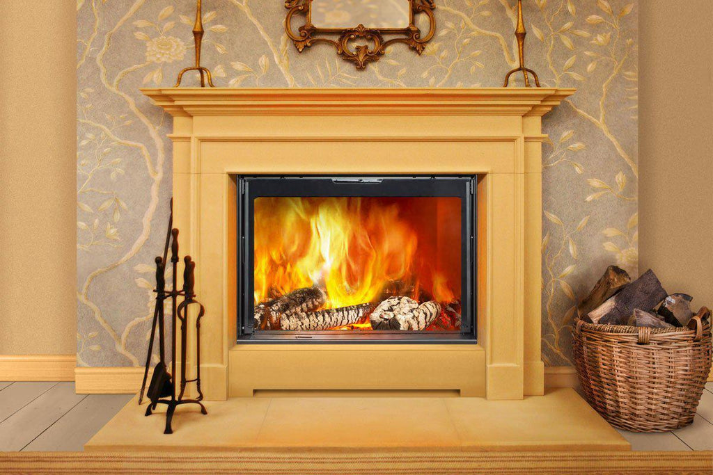 Fondis Stella 3 H700 black inset stove with flames in an apricot fireplace suite