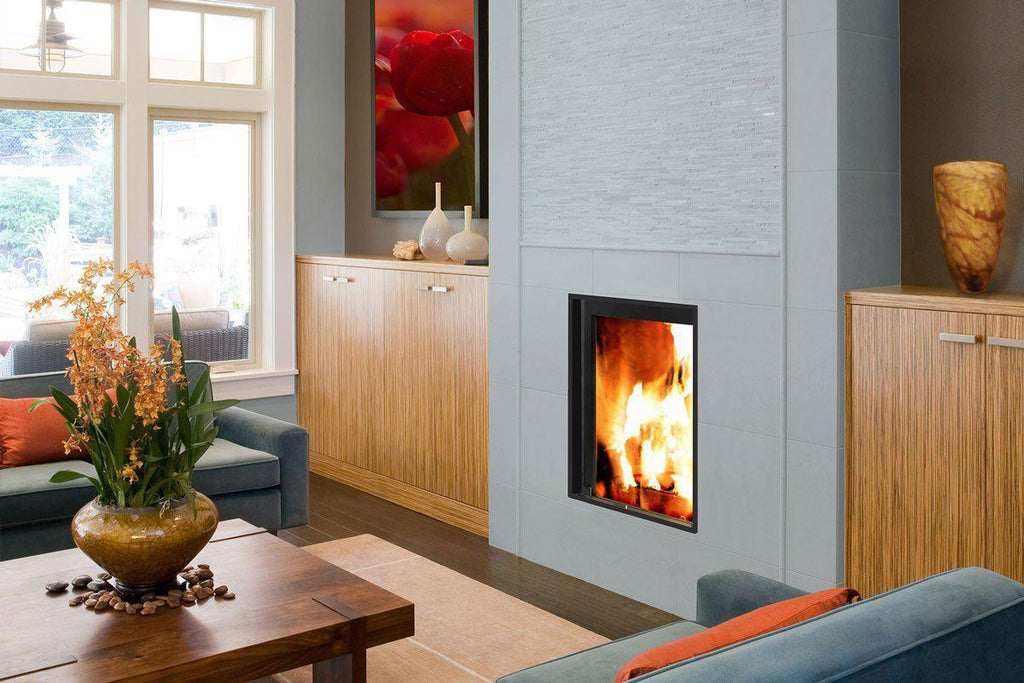 Fondis Stella 3 V350 inset stove with flames in a living room