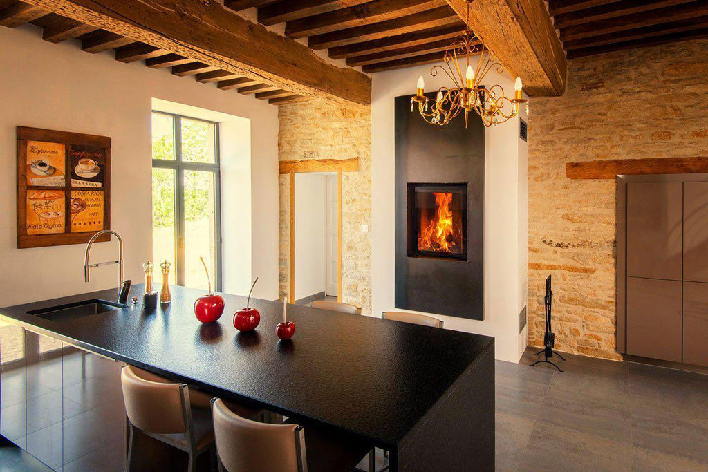 Fondis Ulys 800 black inset stove with flames in front of a modern kitchen island