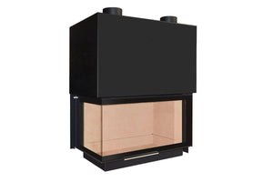 Fondis - Ulys 900 Corner - 14.9kW Inset Wood Stove against a white background with empty interior shown