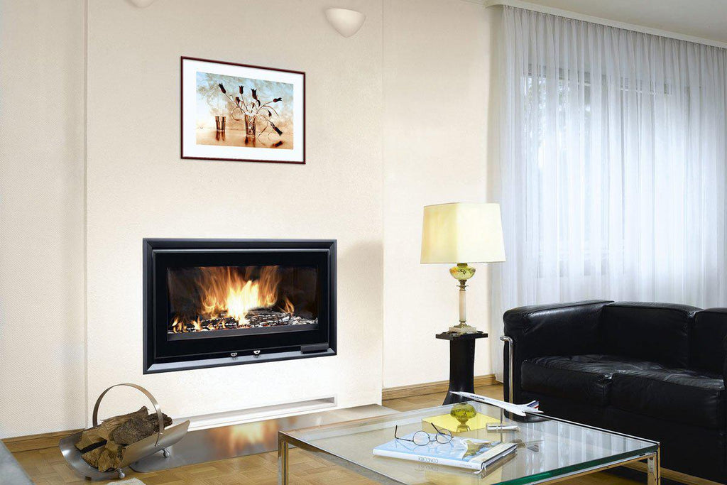 Fondis V100L black inset stove warming up a living room at noon