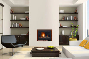 V60L - 7.9kW Inset Wood Stove with flames in a living room between book shelves