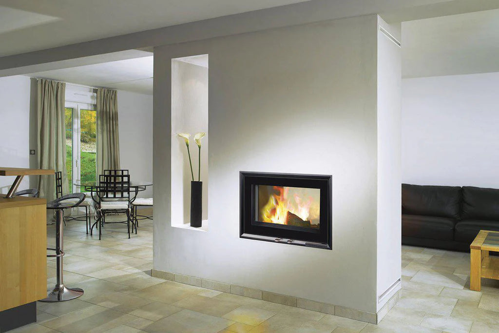 V80LDF 11kW Double Fronted Inset Wood Stove in a white wall divider between the living room and bar counter