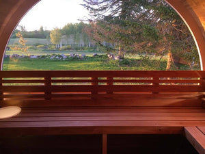 Terrace Sauna 160 with front glass wall and half moon window