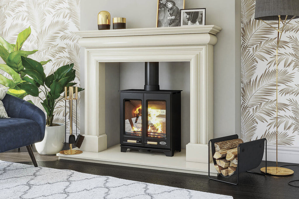 Henley Hampton 5 Double Door Wood Burning Stove in a white fireplace suite inside a living room