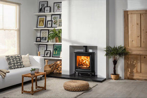 Henley Elmwood Eco Stove on hearth in white room