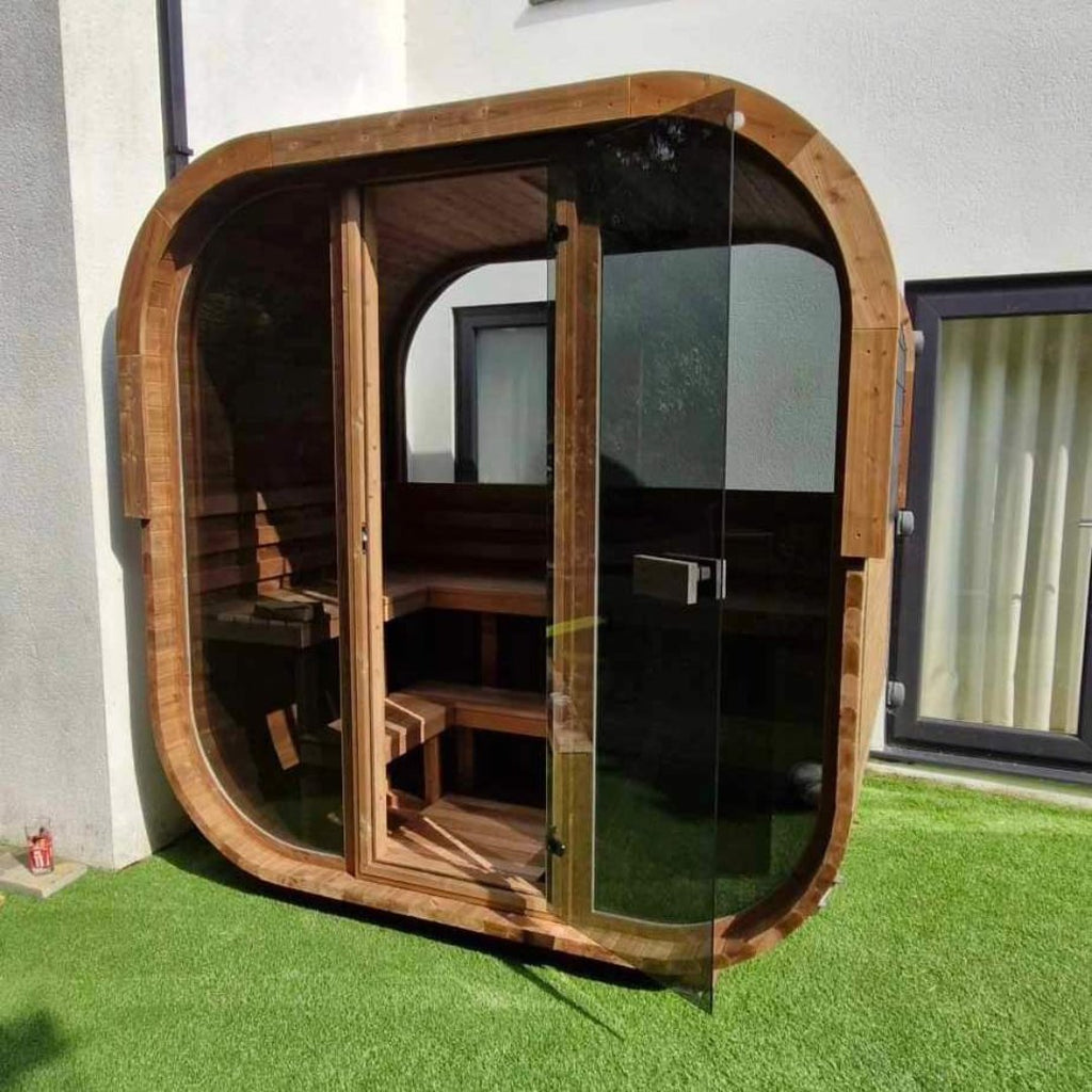 Cube Sauna Full Front Panoramic Window with Rear Half Moon Window