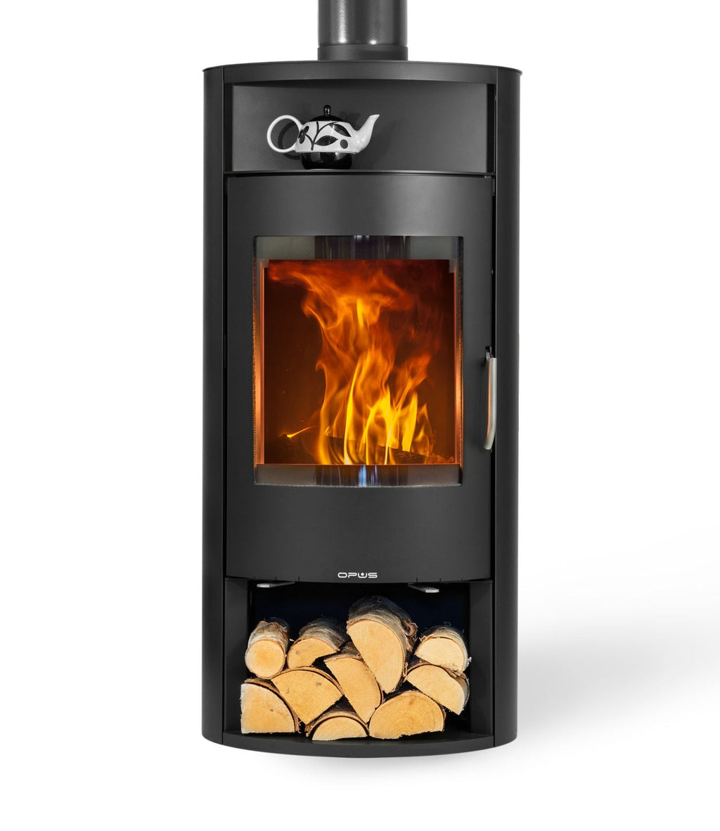 Opus Calypso wood burning stove with flames and logs on the storage below