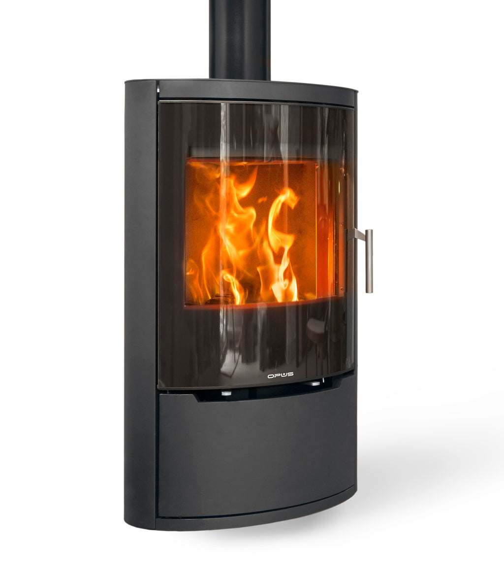 Opus Harmony glass door multifuel stove with flames on white background