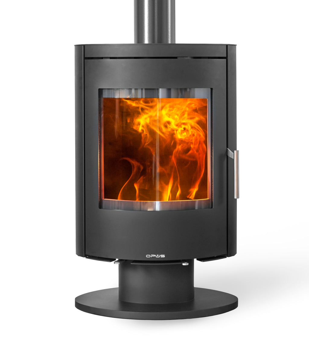 Opus Harmony PR 7kW Multi-fuel black Stove on a pedestal with flames on white background