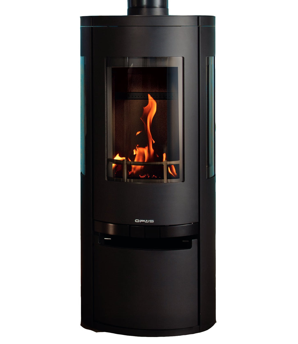 Opus - Trio Scala Gas Stove - 5kW cylindrical stove with flames on white background