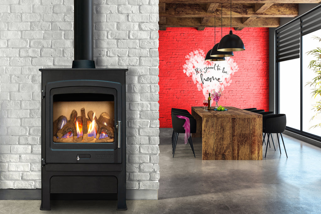 Portway - P2 Contemporary - 4.2kW Gas Stove with flames in a dining area