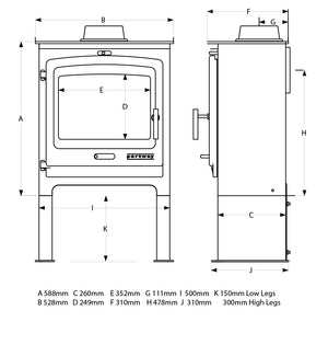 Portway - P2 Contemporary with Log Store - 8kW Multifuel Stove dimensions