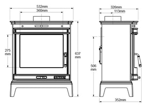 Portway - Rochester 7 - 7kW Multifuel Stove with Chrome Door Strip dimensions