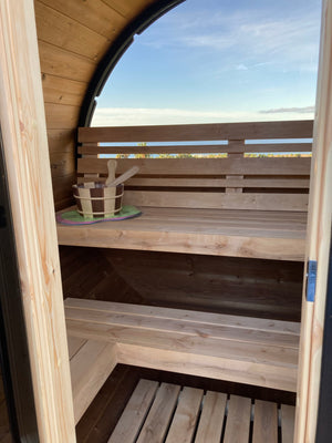 Terrace Sauna 160 with front glass wall and half moon window