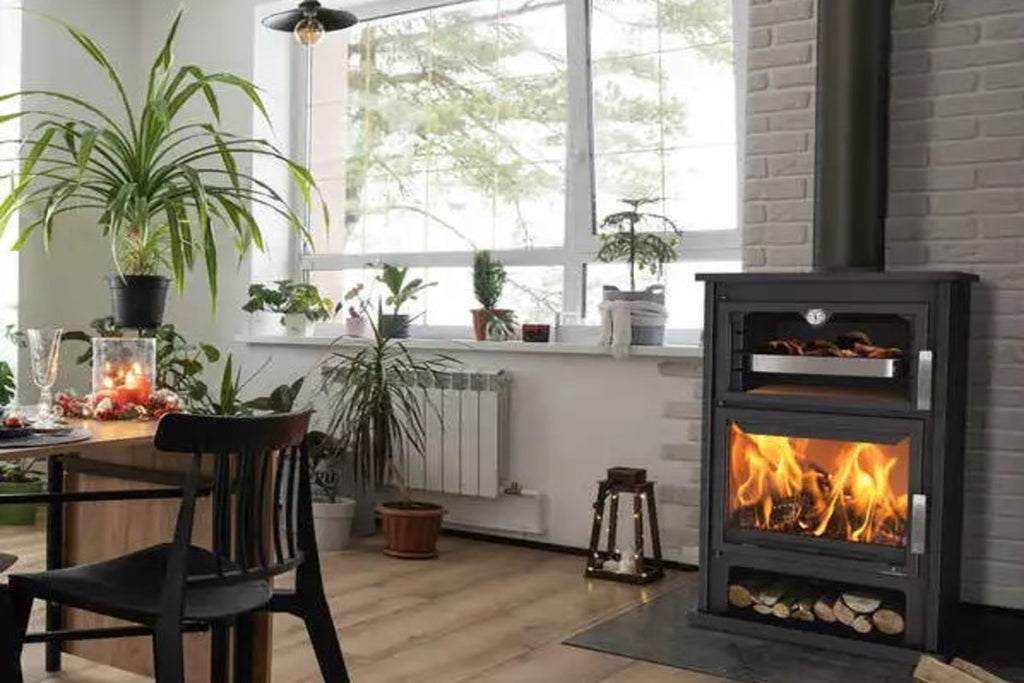 Bronpi - Suiza - 14kW Wood Burning Oven Stove in a dining room filled with potted plants