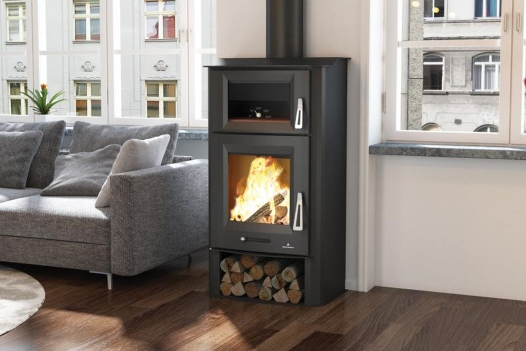 Bronpi - Tudela - 13kW Wood Burning Oven Stove with flames in a living room of a city flat