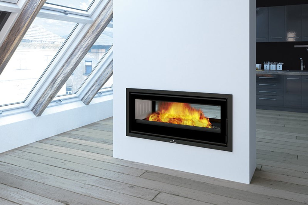 Bronpi - Cairo 110D - 15kW Wood Burning Inset Stove double sided in a wall divider on a modern balcony