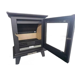 Elmwood stove shown empty with open door