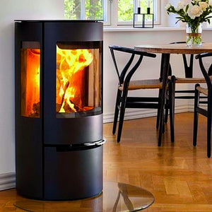 Aduro 17 Wood Burning Stove in Crescent Shaped Glass Hearth