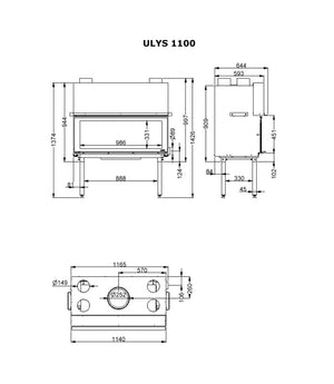 Ulys 1100 - 14kW Inset Wood Stove Measurements