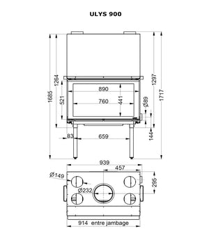 Fondis - Ulys 900 - 15.9kW Inset Wood Stove measurements