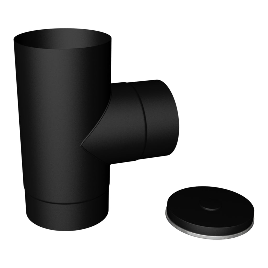 4" Stove Pipe - 90 Degree Tee with End Cap - Matt Black