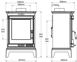 Portway - Rochester 5 - 4.9kW Multifuel Stove with Black Door Strip dimensions