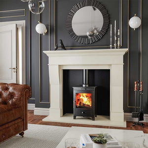 Henley Redwood Eco Multi-fuel Stove on white hearth and mantel