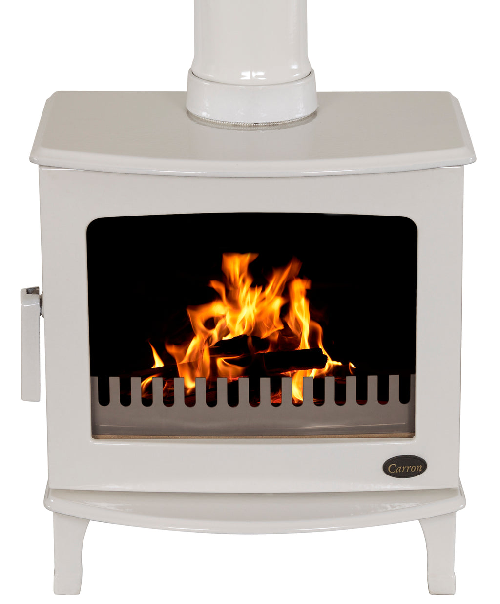 Carron 5kW Wood Stove - Cream Enamel with flames in white background