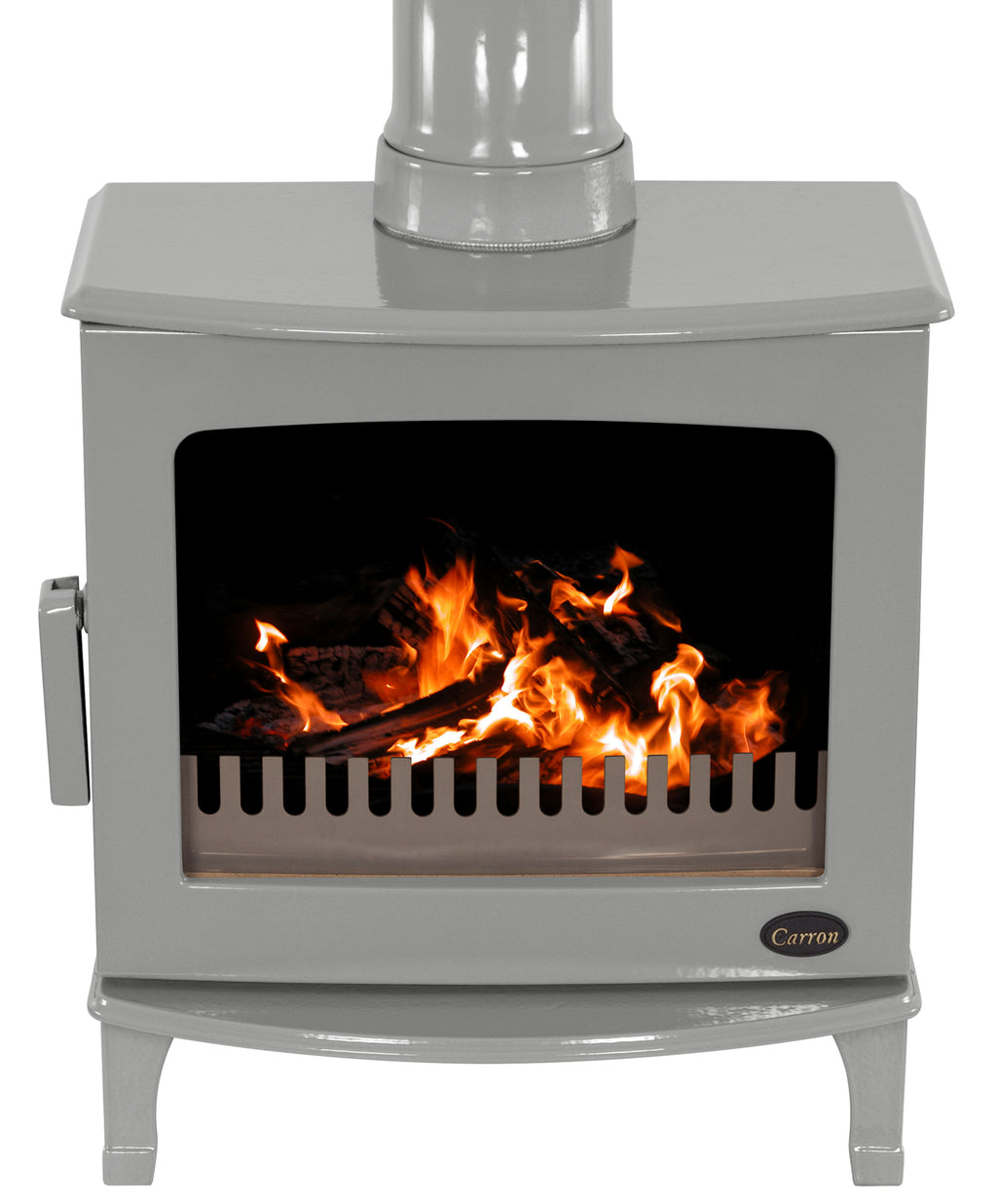 Carron - ECO Stove - 5kW Wood Stove (Multi-fuel Kit Option) - Ash Grey Enamel with flames on white background