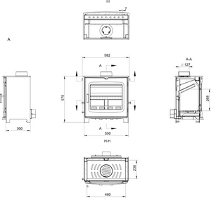 Woodford - Chadwick 12 - 12.5kW Multi-Fuel Stove dimensions